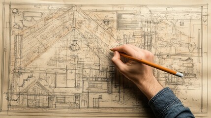 Aufkleber - A hand sketches detailed architectural plans on aged paper, showcasing intricate designs and measurements for a building project.