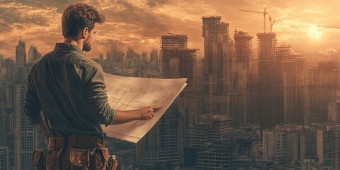 Poster - A construction worker examines blueprints while overlooking a city skyline at sunset, embodying ambition and vision for future projects.