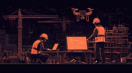 Poster - Two construction workers in safety gear collaborate on a project using a laptop and a drone on a construction site with cranes in the background.