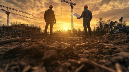 Poster - Two construction workers observe a sunset over a site with cranes, highlighting teamwork and progress in a dynamic environment.