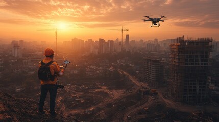 Poster - A person stands on a hill at sunset, controlling a drone over a cityscape with construction sites, showcasing technology in urban exploration.