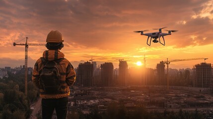 Poster - A child in a hard hat observes a drone flying at sunset over a construction site, showcasing the blend of technology and urban development.