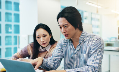 Poster - reading notes, laptop and japanese people for medical school, wellness and science in healthcare. wo