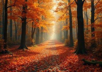 Wall Mural - Vibrant autumn forest with bright orange leaves and misty sunlight at dawn