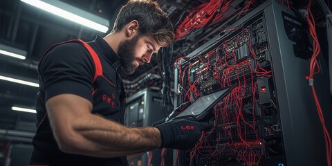 Poster - A technician works on server wiring in a data center, focused on resolving issues with advanced equipment and technology.