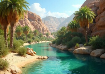 Wall Mural - Scenic view of a tranquil river surrounded by palm trees and mountains