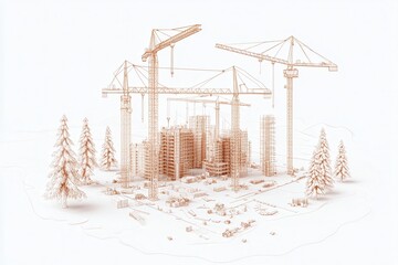 Poster - A construction site featuring cranes and scaffolding, surrounded by trees, depicted in a minimalistic style.