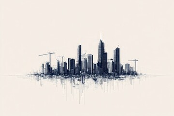 Poster - A minimalist depiction of a city skyline featuring skyscrapers and construction cranes, emphasizing urban development and architectural design.