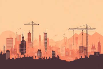 Poster - A stylized city skyline under a warm sunset, featuring skyscrapers and construction cranes, symbolizing urban development and growth.