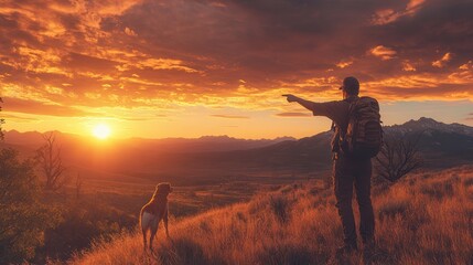 Poster - A person and a dog enjoy a picturesque sunset, with vibrant colors illuminating the sky and mountains in the background, creating a serene, adventurous atmosphere.