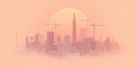 Poster - A soft-hued urban skyline at sunset, featuring construction cranes and iconic skyscrapers, conveying a blend of modernity and growth.