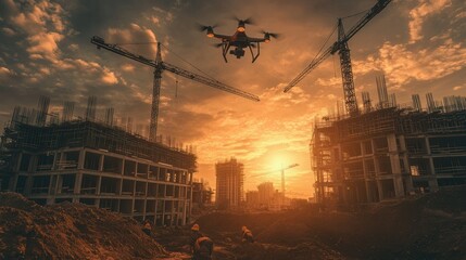 Poster - A construction site at sunset, featuring cranes and a drone flying above, capturing the vibrant colors of the sky and the ongoing development.