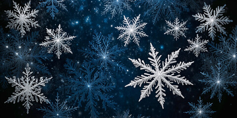 Wall Mural - magical white snowflakes over glitter blue dark background