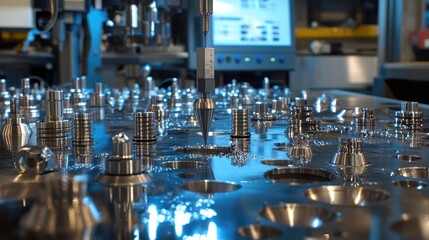 Poster - Precision machining process with metallic components in workshop
