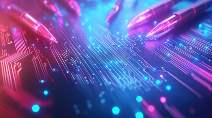 Poster - Colorful Circuit Board Design with Stylish Pens on Dark Background