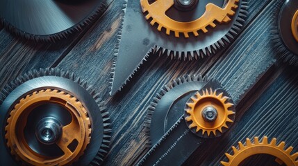 Poster - Close-up View of Vintage Mechanical Gears and Saw Blades Arrangement