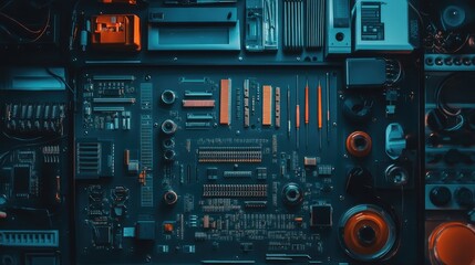 Poster - Futuristic Circuit Board with Neon Lights and Intricate Details