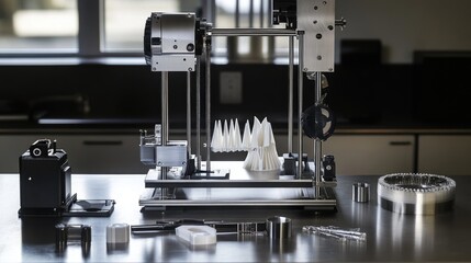 Poster - Modern 3D Printer with Printed Objects on Workshop Table