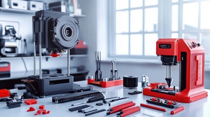 Poster - Modern Desktop Machinery with Tools in High-Tech Workshop Setting