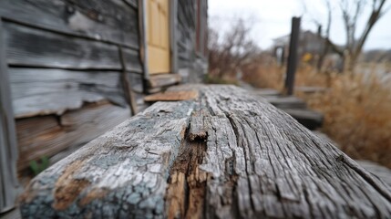 Weathered timber log with intricate splintered details and peeling paint, set against a blurred rustic background of an abandoned structure