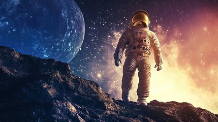 Wall Mural - astronaut walking on alien planet surface towards distant planet