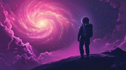 Wall Mural - astronaut gazing at a purple spiral galaxy