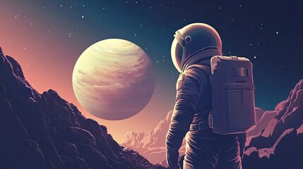 Wall Mural - astronaut contemplates alien planet landscape under starry sky