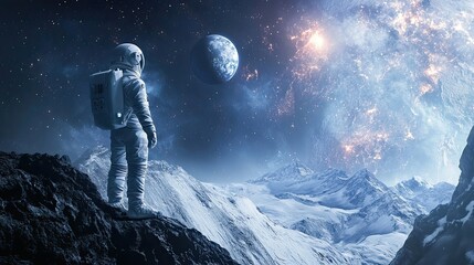 Wall Mural - astronaut contemplates distant planet and icy mountainscape