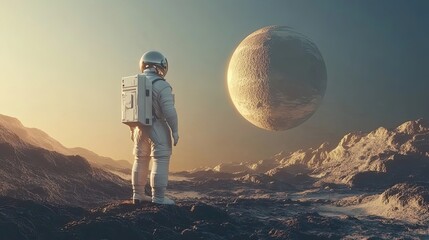 Wall Mural - astronaut on alien planet gazing at celestial body