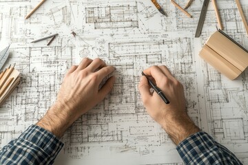 Aufkleber - A person is drawing architectural plans on a table covered with tools and materials, showcasing creativity and design skills.