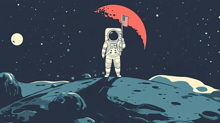 Wall Mural - astronaut stands on moon surface holding american flag