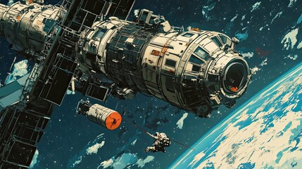 Wall Mural - space station astronaut tethered to cargo during spacewalk