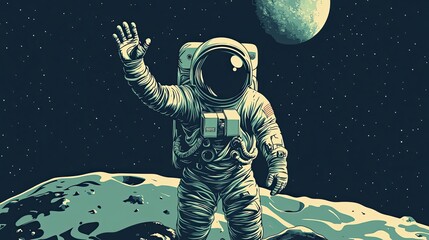 Wall Mural - Astronaut Waving On A Lunar Surface Near A Planet