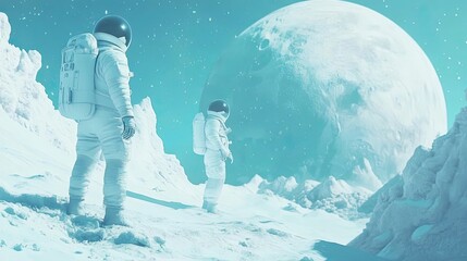 Wall Mural - astronauts explore icy alien planet landscape