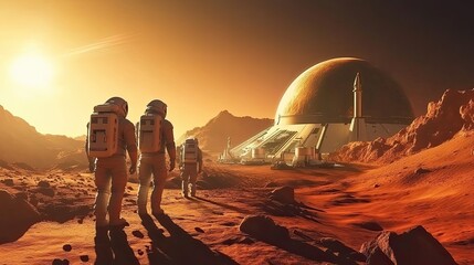 Wall Mural - astronauts approach martian habitat at sunset