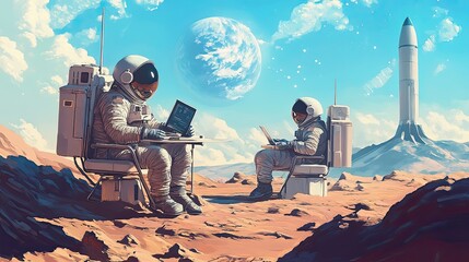 Wall Mural - astronauts working on an alien planet near a rocket