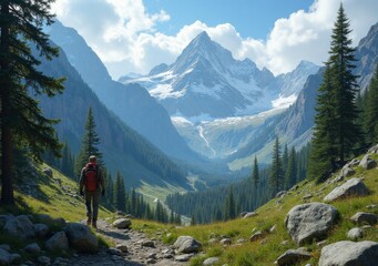 Wall Mural - Majestic mountain landscape with hiker exploring a scenic valley at midday