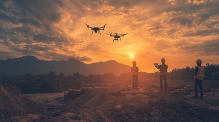 Poster - Two drones fly in a sunset sky while three figures observe the scene, surrounded by mountains and a construction site.
