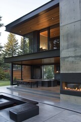 Canvas Print - Stunning Modern Mountain Retreat with Sleek Design and Cozy Fireplace