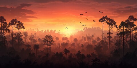 Poster - A serene sunset over a forest, with silhouettes of trees and birds flying against vibrant orange and purple skies.