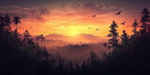 Aufkleber - A serene landscape featuring silhouettes of trees against a vibrant sunset, with birds soaring through the sky, creating a tranquil atmosphere.