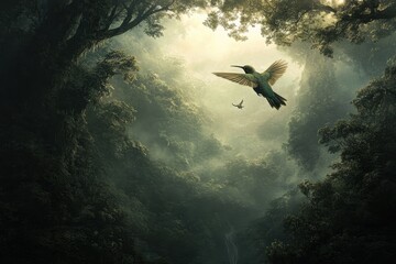 Poster - A vibrant hummingbird soars through a lush, misty forest, surrounded by dense foliage and soft, ethereal light.