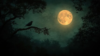 Poster - A serene night scene features a large full moon illuminating a dark forest, with a silhouette of a bird perched on a branch.