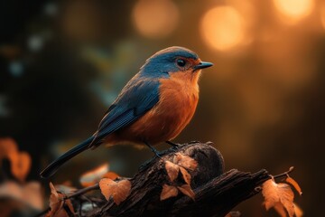 Poster - A vibrant bird perched on a branch, surrounded by soft bokeh and autumn leaves, illuminated by warm, golden light.