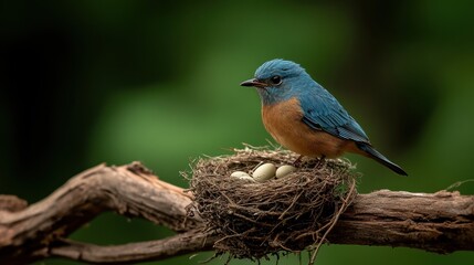 Poster - A vibrant bird sits protectively on a nest containing eggs, surrounded by lush greenery.