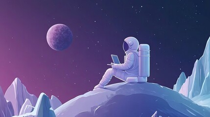 Wall Mural - astronaut working on laptop on a lunar mountain
