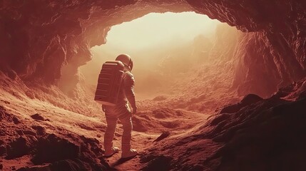 Wall Mural - astronaut exploring martian cave system landscape