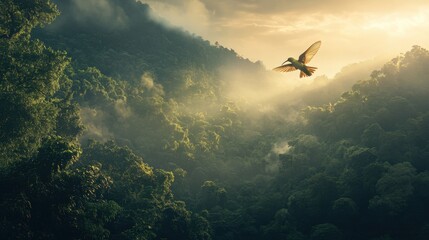 Aufkleber - A serene landscape featuring lush greenery under a golden sky, with a bird soaring through the mist, creating a tranquil and enchanting atmosphere.