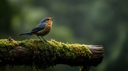 Poster - A small bird perched on a moss-covered log amidst a lush, green background, creating a tranquil, nature-inspired scene.