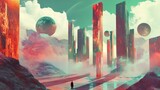 Surreal Landscape with Futuristic City and Floating Planets: A Dreamlike Digital Painting
